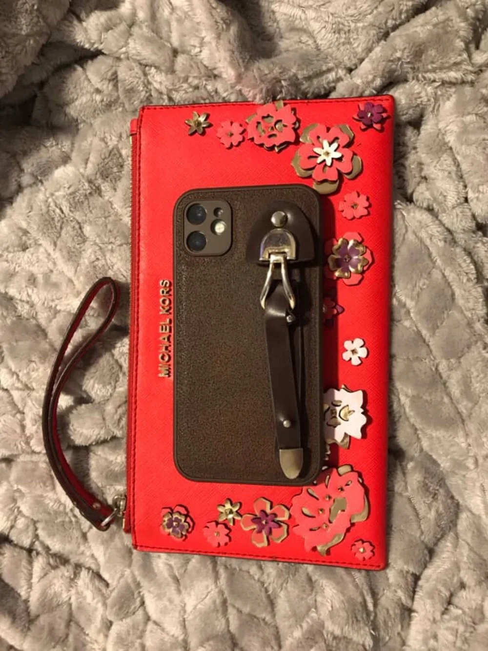 SOLD Michael Kors Red Saffiano Leather 3D Floral Wristlet Clutch